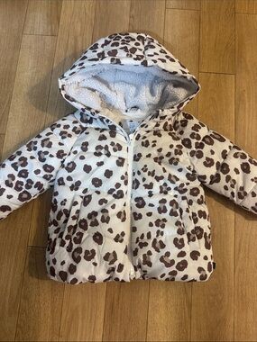 GAP Cream and Brown Leopard-Print Hooded Puffer